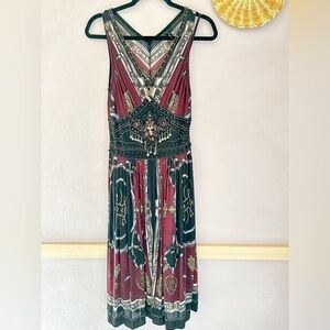 Vintage Y2K Chain Print Beaded V Neck Midi Dress Size 10‎